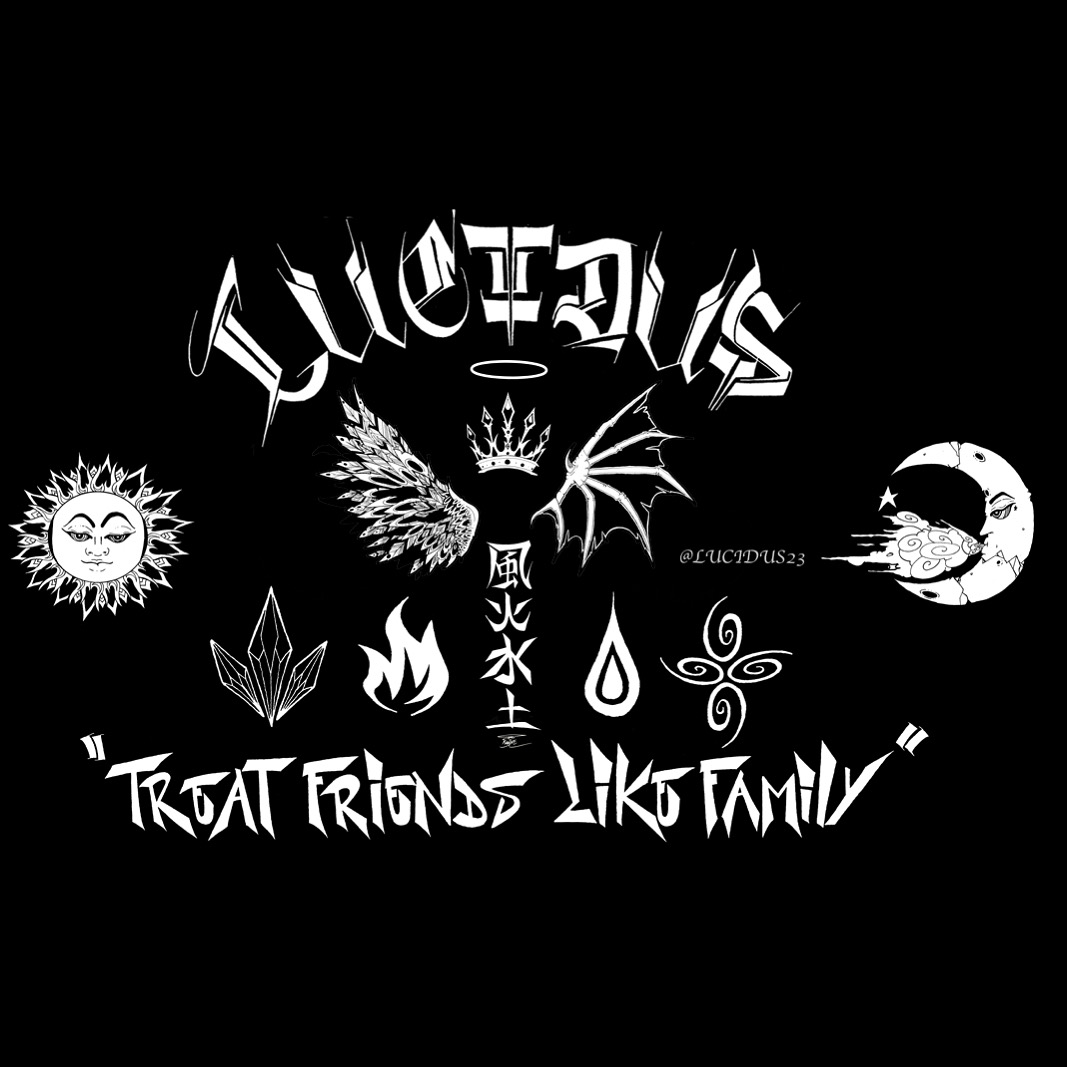 Original Lucidus artwork: the sun and moon, a crown, wings, and the words Treat Friends Like Family.